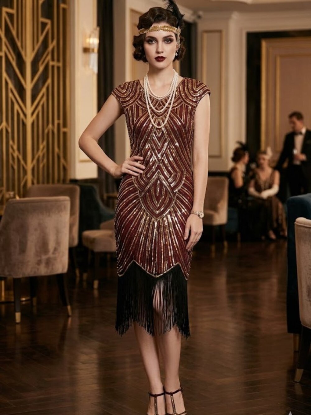 BABEYOND 1920s Flapper Dress NWT L Maroon Gold/Silver/Sequin Bead Fringe Gatsby